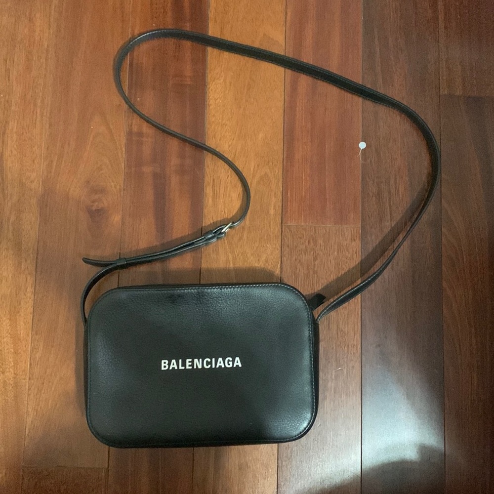 Balenciaga Black Leather Logo Crossbody Camera Bag